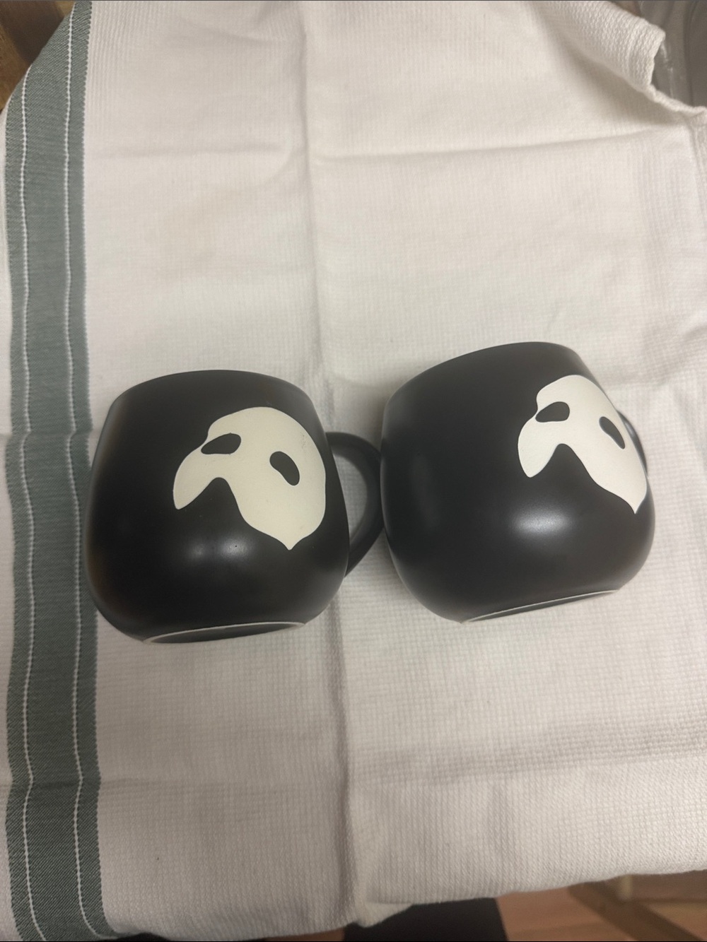 Black Ceramic Mugs with White Ghost Face Design - Set of 2 Phantom of the opera